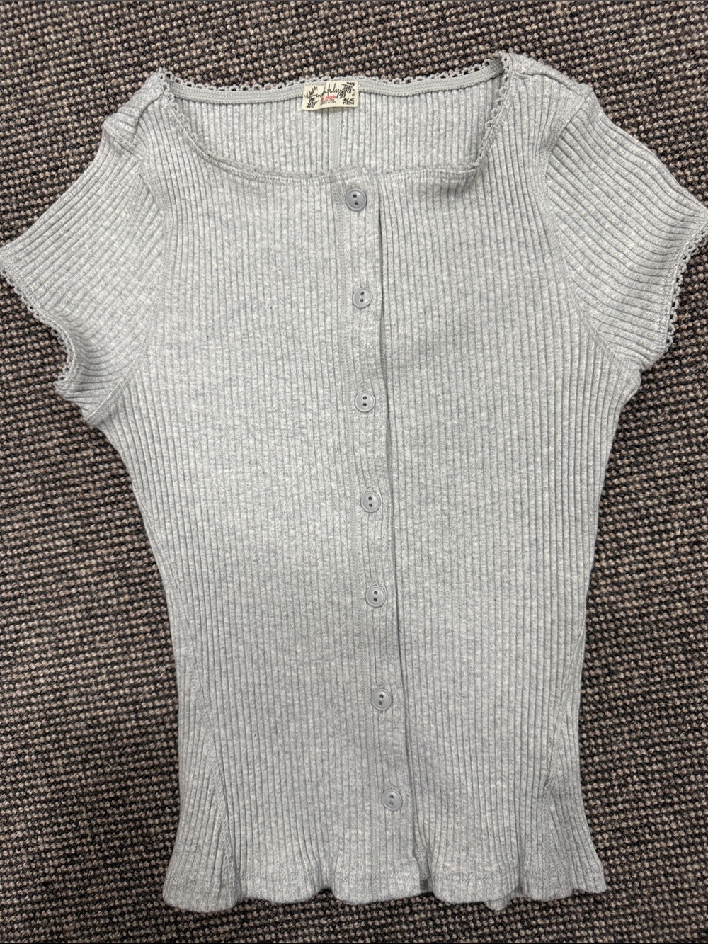 We The Free Light Gray Ribbed Button-Front Knit Top
